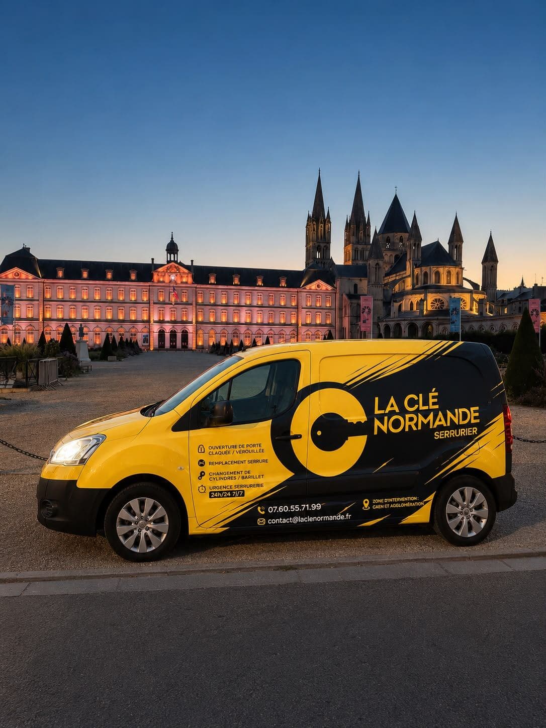 Le véhicule La Clé Normande devant l'Abbaye aux Hommes à Caen au coucher du soleil