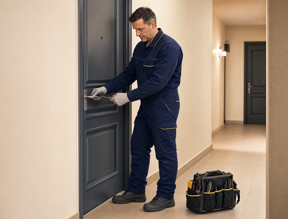 Serrurier professionnel ouvrant une porte d'appartement claquée à Caen